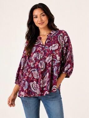 Paisley Wine Mixed Tiered 3/4  sleeve baby Doll Tunic Top